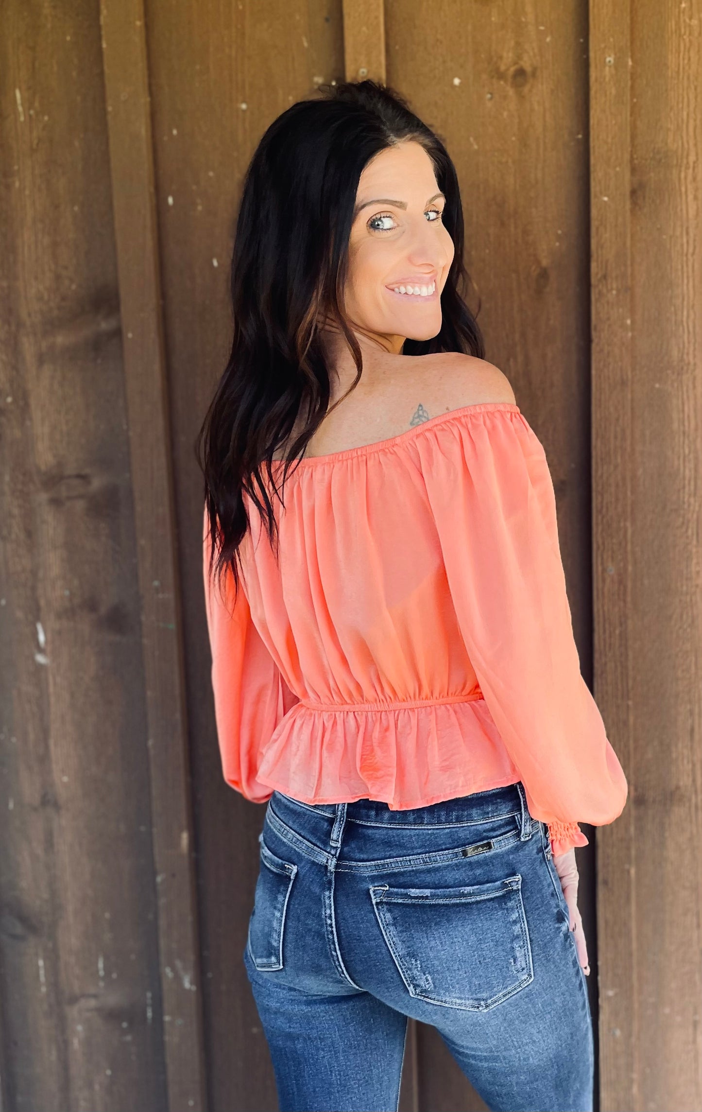 Coral off shoulder shirt