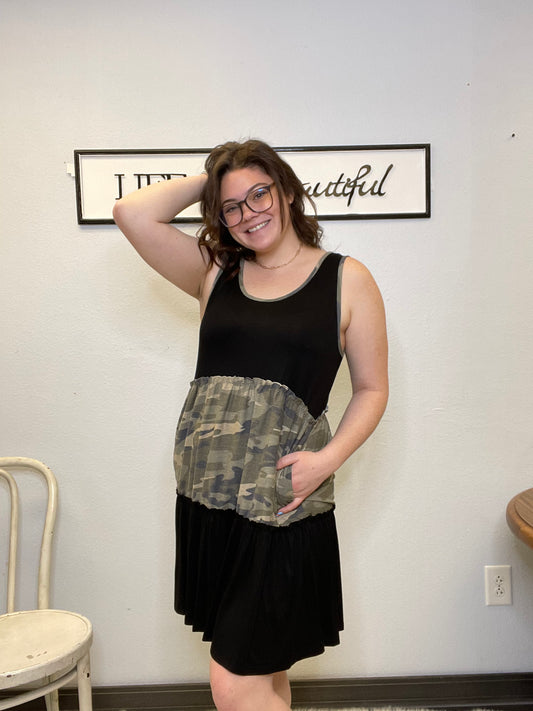 Camo/black block dress