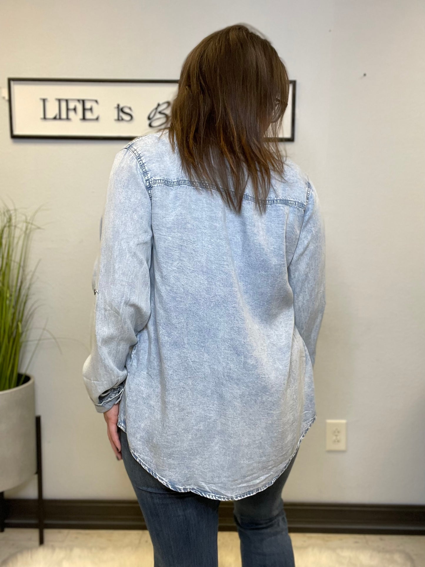 light blue denim shirt